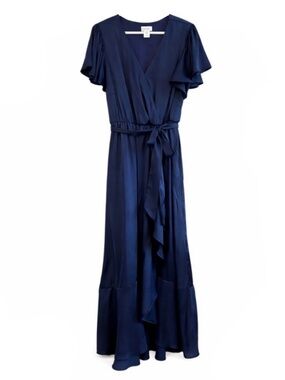 Nicole Miller Royal Navy Satin Flutter Wrap Midi Dress Ruffle Hem – Size XL EUC
